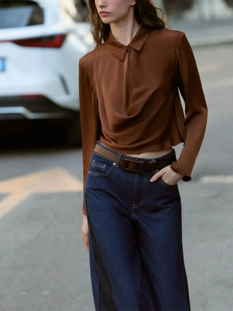 

European and American style 2025 autumn new products women's design sense solid color lapel long sleeve drape shirt