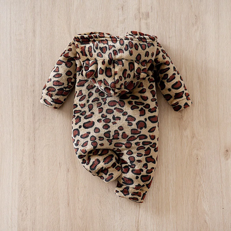 Winter Baby Long-Sleeve Hooded Romper 0-18Months Boys and Girls Baby Warm & Cozy,Thick Leopard Print 2025 Newborn  baby clothes