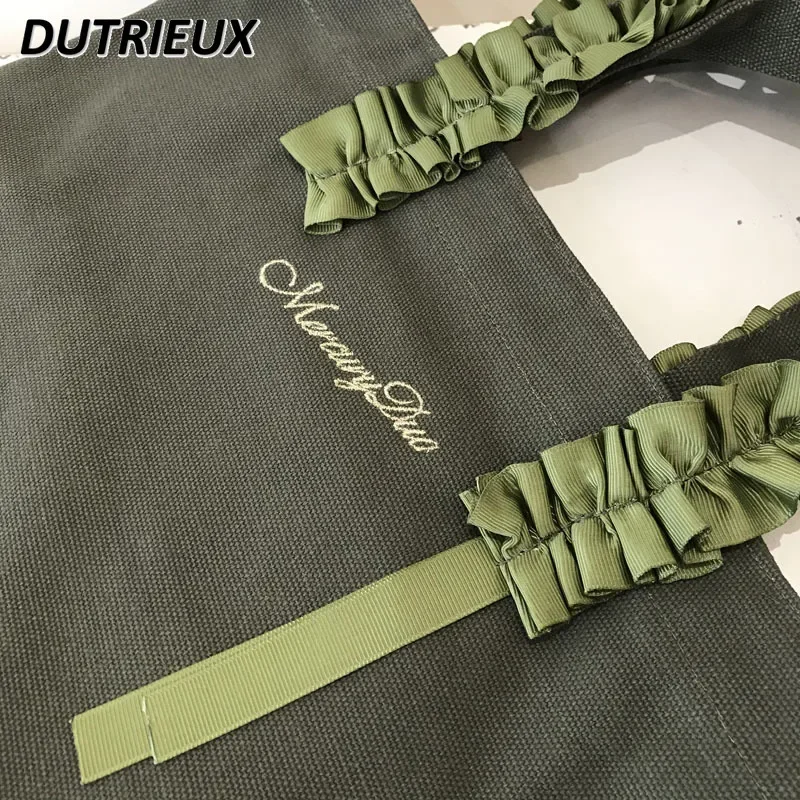 Women's Handbags Pleated Lace Decorative Cotton Canvas Handbag Soft Buggy Bags Soft Canvas Eco-friendly Shopping Bag Female
