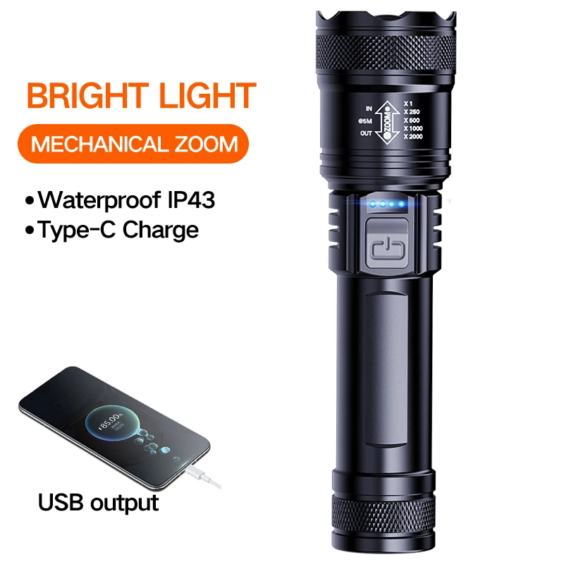 

Светодиодный фонарик с зумом, сильный уличный светильник, портативные тактические фонарики, перезаряжаемые через USB аварийное освещение