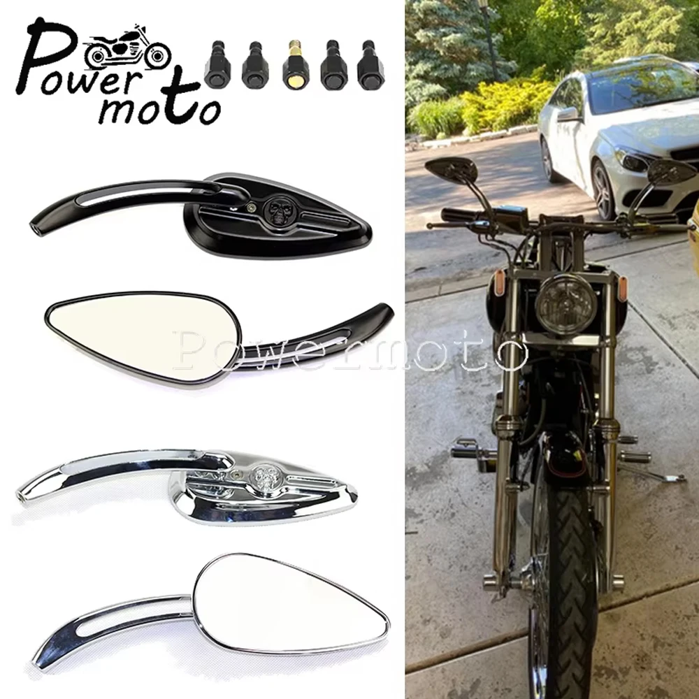 

Universal Chrome Motorcycle Rearview Mirrors For Harley Heritage Softail Cruiser Scooters 8/10mm Bolt Skull Teardrop Side Mirror