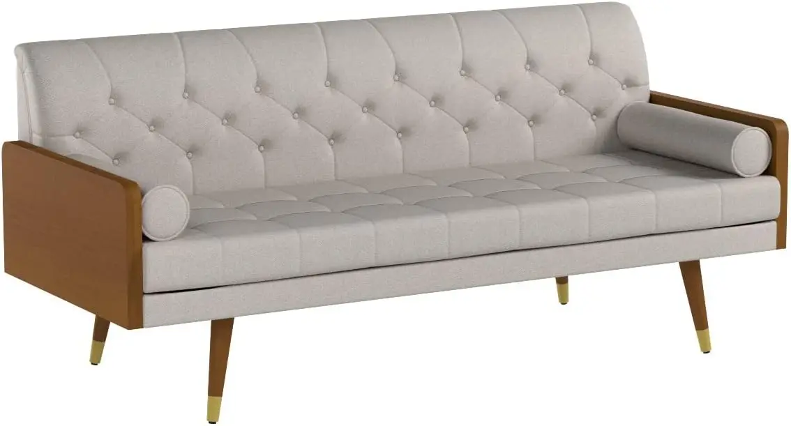 Mid Century Modern Tufted Fabric Sofa, Beige