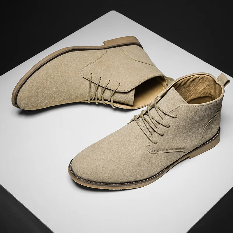 Men's Chelsea Boots Trend Khaki Ankle Boots Men Pointed Toe High Top Suede Leather Shoes For Man Short Boots botines para hombre