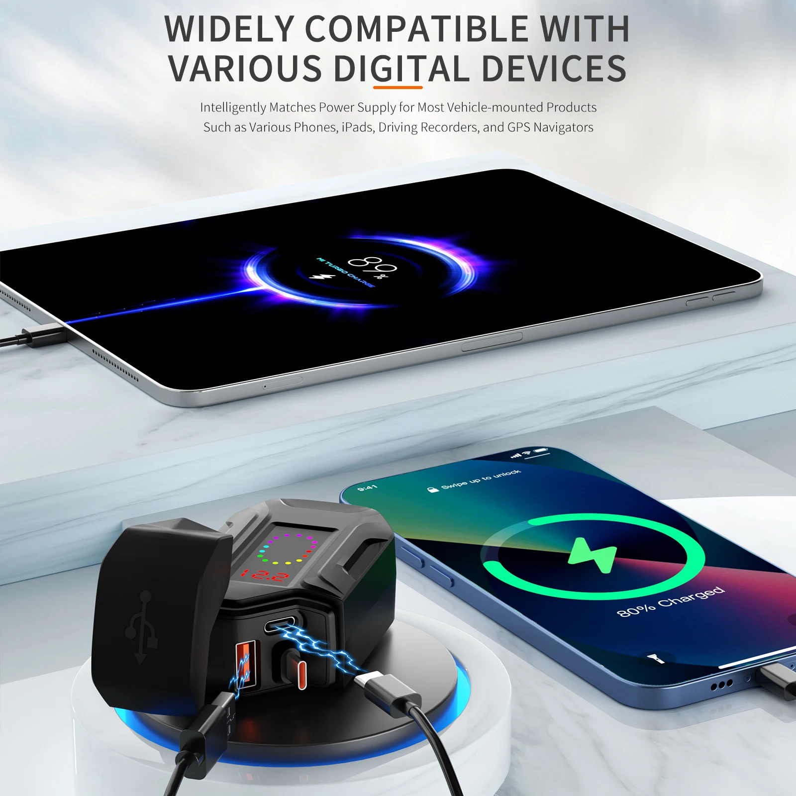 New PD QC4.0 Motorcycle USB Super Fast Phone Charger Waterproof with Retractable Type-C Cable Cellphone Voltmeter Digital Charge view 3