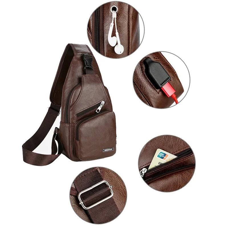 Men Chest Bag Diagonal Span Design High-capacity PU Leather One Shoulder Bags Outdoor Travel Male USB Charge Chest Crossbody Bag