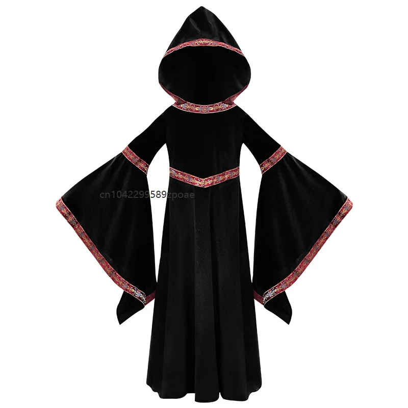 Halloween Medieval Renaissance Family Hooded Robe Gothic Bell Trumpet Sleeve Luxury Women Dress Costume Vampire Cosplay Cape