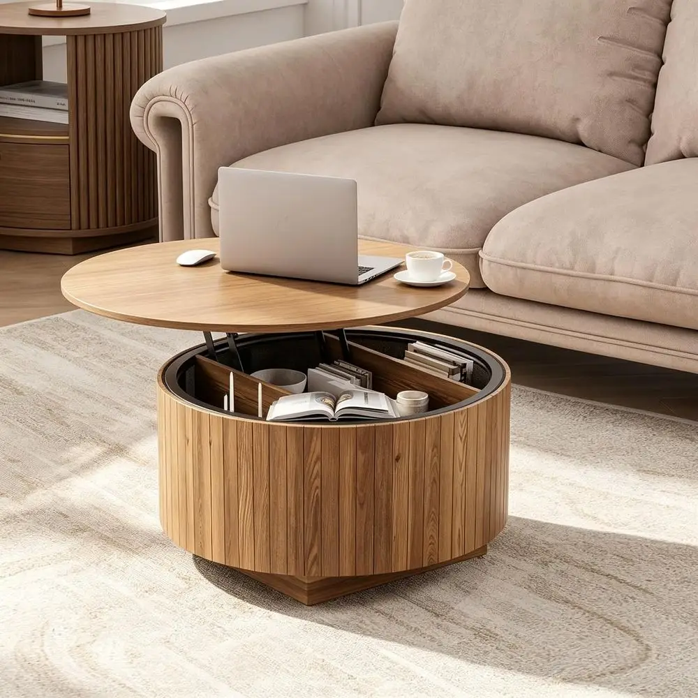 Contemporary LED-lit Coffee Table with Storage, 31.5 Diameter, Walnut Finish for Living Room