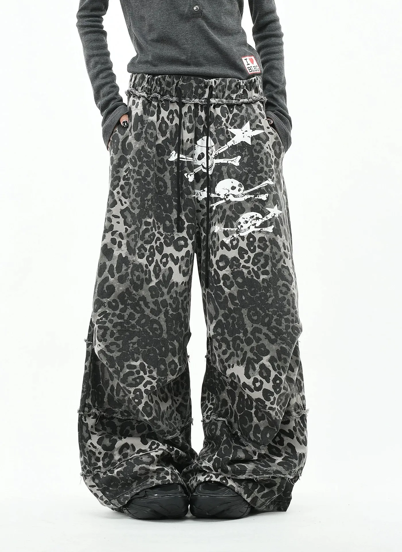 American retro leopard print skull print casual pants for men and women new pleated design drawstring fringed long pants trendy