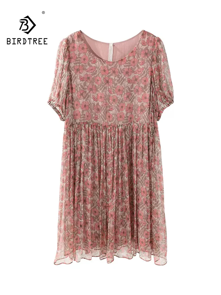 BirdTree 100%Real Silk Party Dress, Women Puff Sleeve Loose Waisted, Printed Elegant Sweet Dresses, 2024 Summer Fall D467106QC