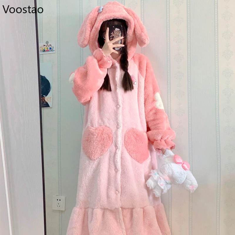 Autumn Winter Women Cute Cartoon Pajamas Coral Fleece Nightdress Warm Long Ears Hooded Robe Girls Sweet Home Clothes Nightgown