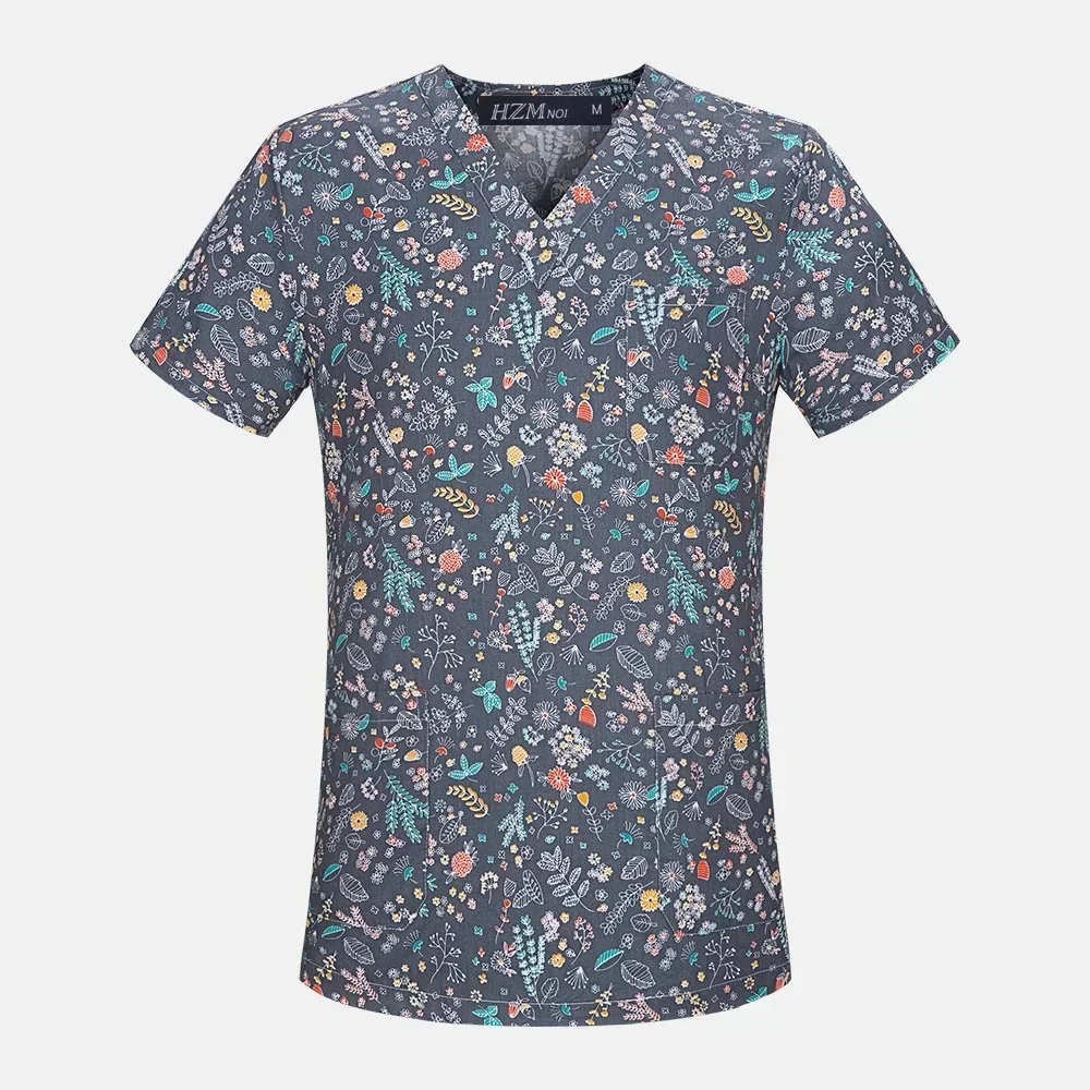 Medical Uniforms Cotton Print Nurse Scrub Tops Dental Hospital Nursing Shirts Cartoon V-neck Blouse Mens Clinical Scrubs Pants