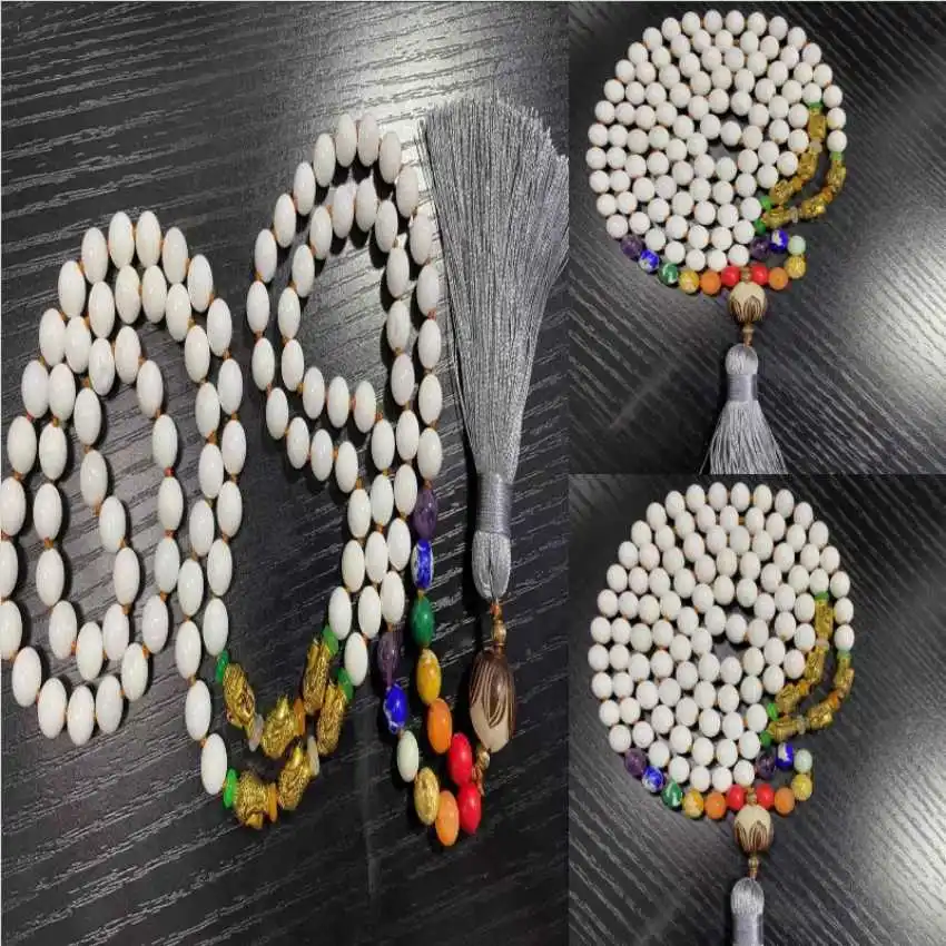 8mm 108 white Tridacna beads 7 chakra Brass Buddha knot Necklace Men Spiritual Seekers Yoga Tranquility Crystal Religious Choker