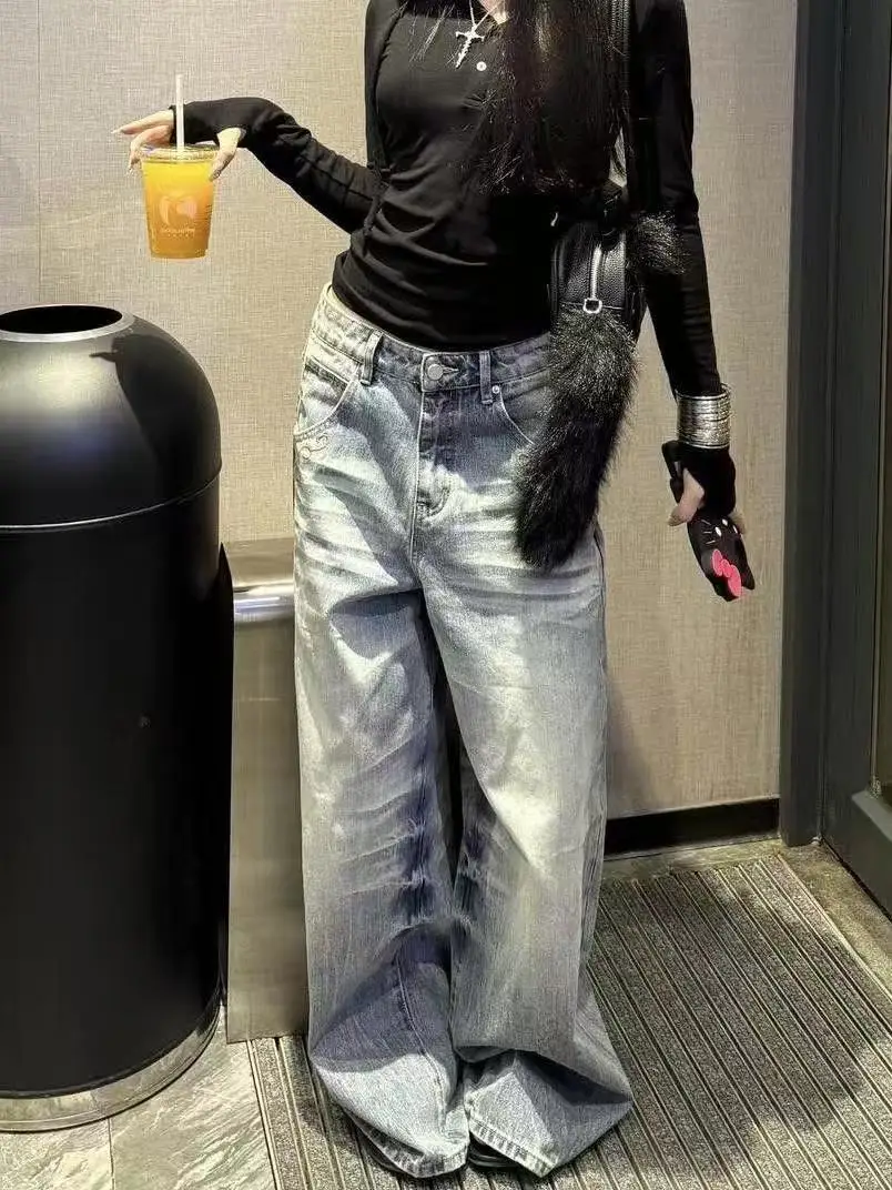 Women's Baggy Jean Wide Fit Bleach Denim Pants Y2K Japanese Harajuku 2000s American Retro Grunge Men Punk Tide High Street New