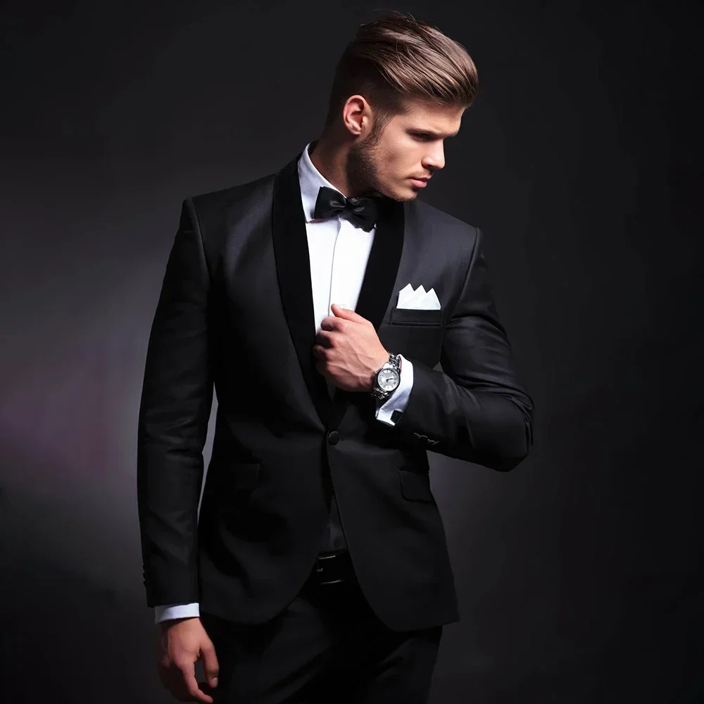 Black Suits for Men Wedding Groomsmen Single Breasted Shawl Lapel Jacket Pants Two Piece Terno Blazer Slim Fit Male Clothiing