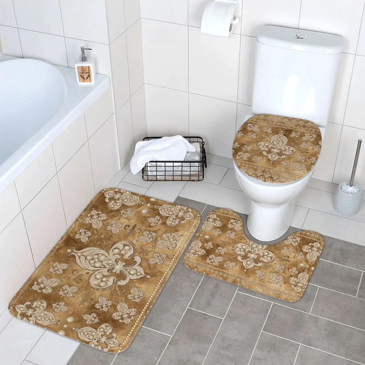 

Fleur-de-lis Роскошный жемчужный и золотой 3-х предметный коврик для ванной комнаты, набор для ванной комнаты, крышка для унитаза, домашний декор, нескользящий ковер, напольный коврик