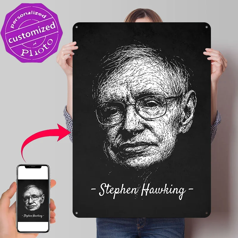 Stephen Hawking Portrait - Black and White Metal Poster Perfect Gift for Fans Lovers Customized Wall Art Metal Sign for Decor