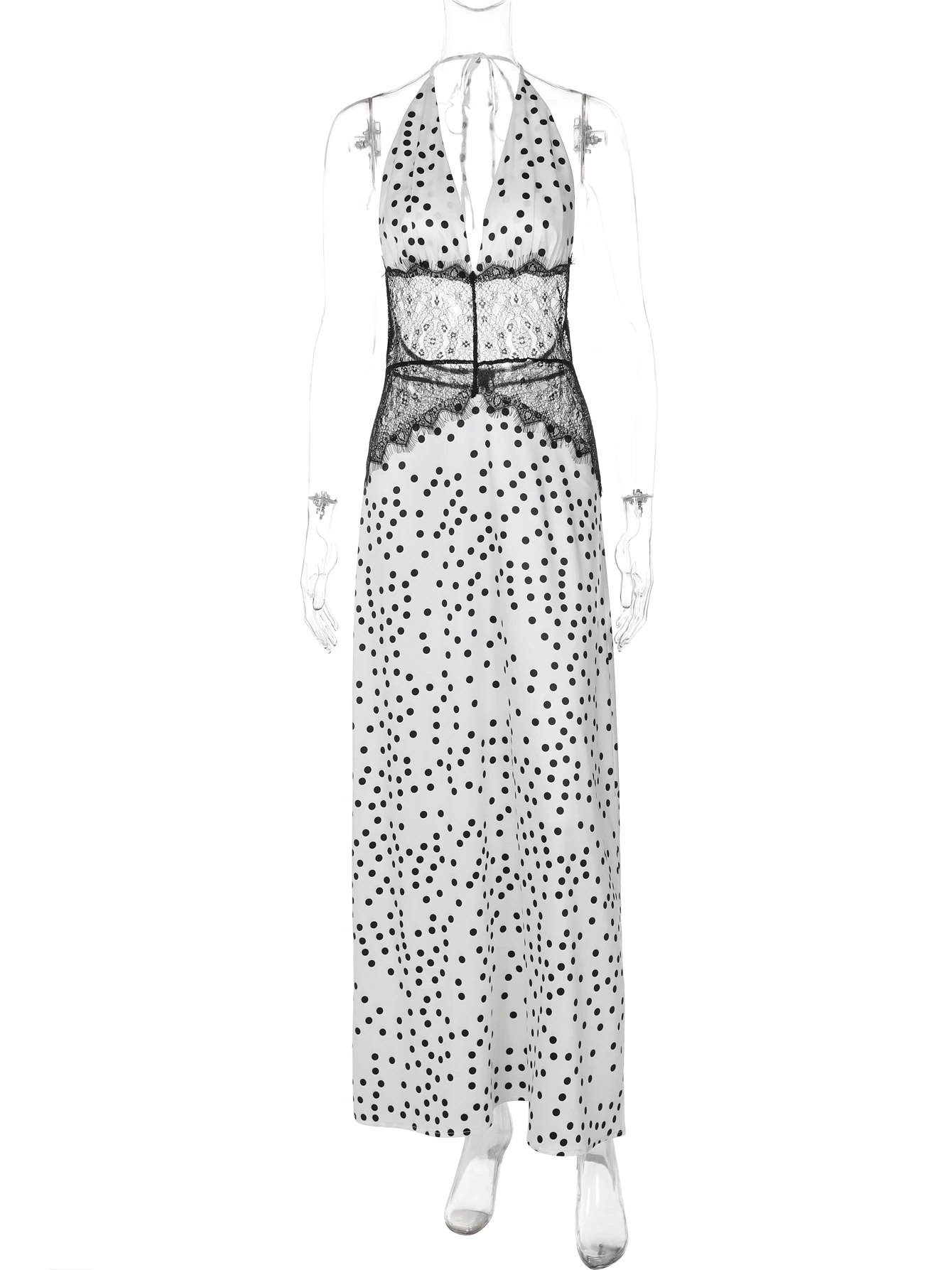 Hugcitar 2026 à pois licou dos nu à lacets Patchwork dentelle Sexy Maxi robe pure été femmes mode tenue fête Festival