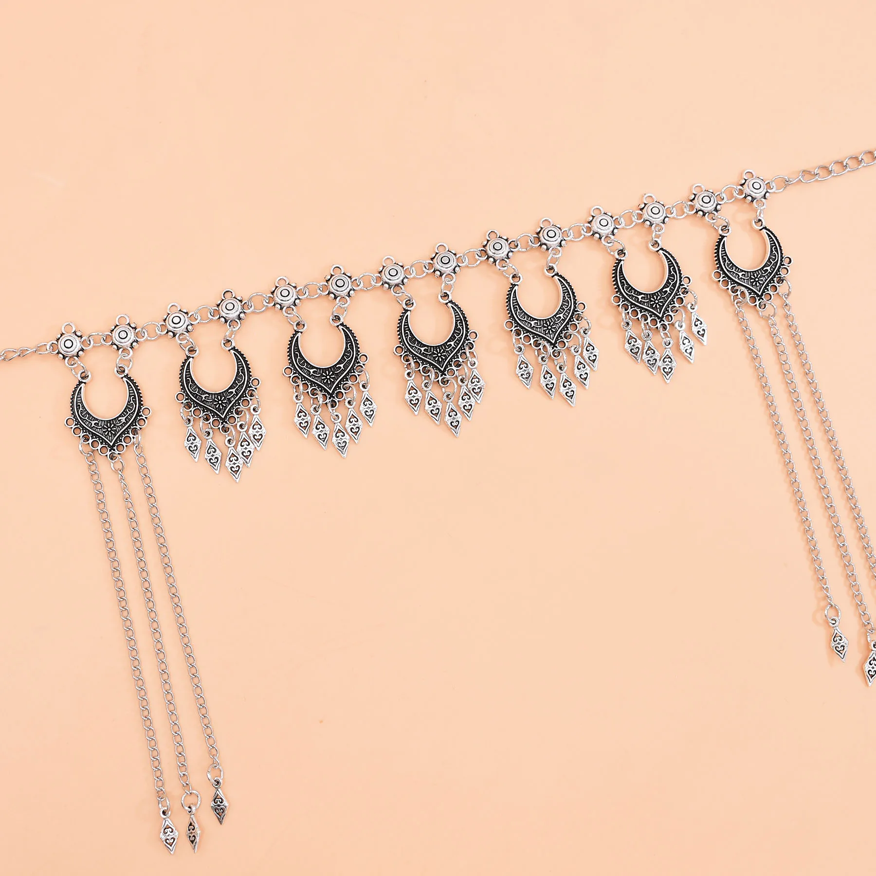Retro Silvery Alloy Hollow Moon Pendant Forehead Headpiece for Women Boho Ethnic Indian Kurdish Gypsy Hair Accessories Jewelry