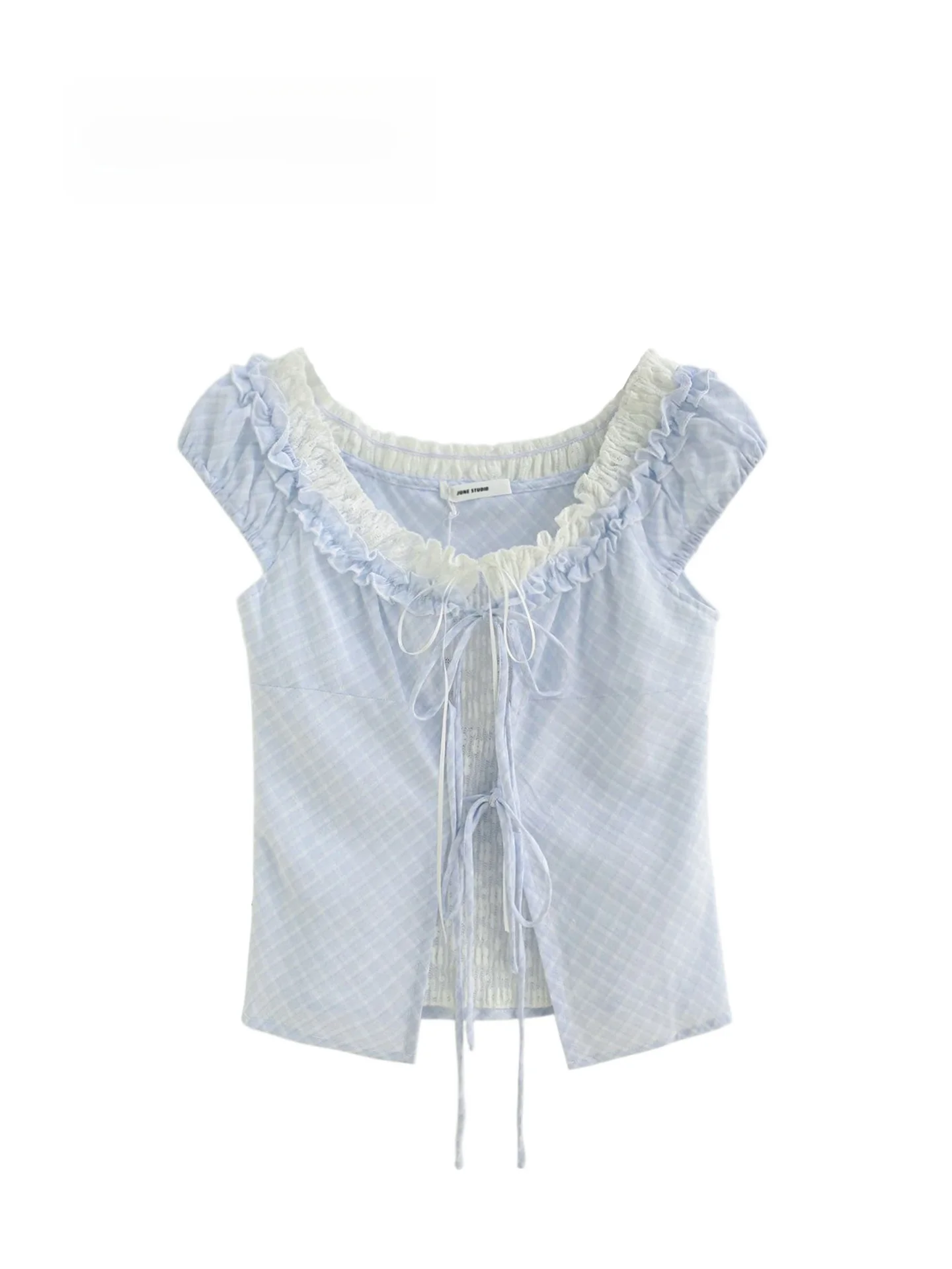 

Summer New Style Short Lace Knot Sleeveless Top Fake Two-Piece Wood Grain Korean Style High Waist Commute Shirt