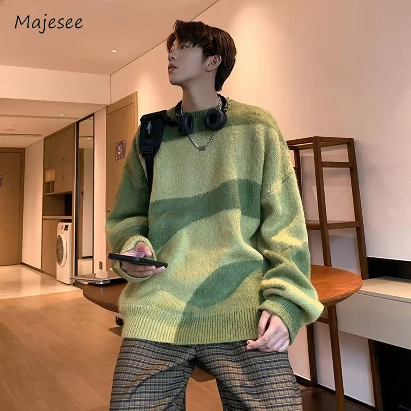 Sweaters Men Vintage European Style Teenagers Vitality Contrast Color Versatile Loose Soft Daily Slouchy Outer Males Clothes