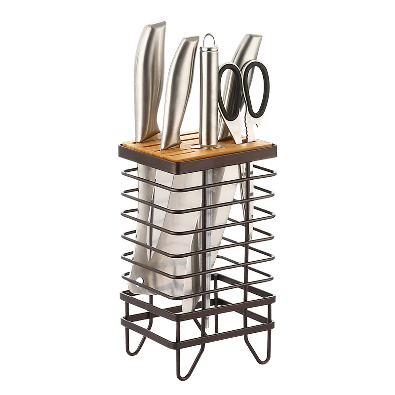 

Stainless Steel Mesh Kitchen Knife Stand Rack, Wood Vertical Scissors Sharpener, Storage Shelf, Knives Holder Organizer