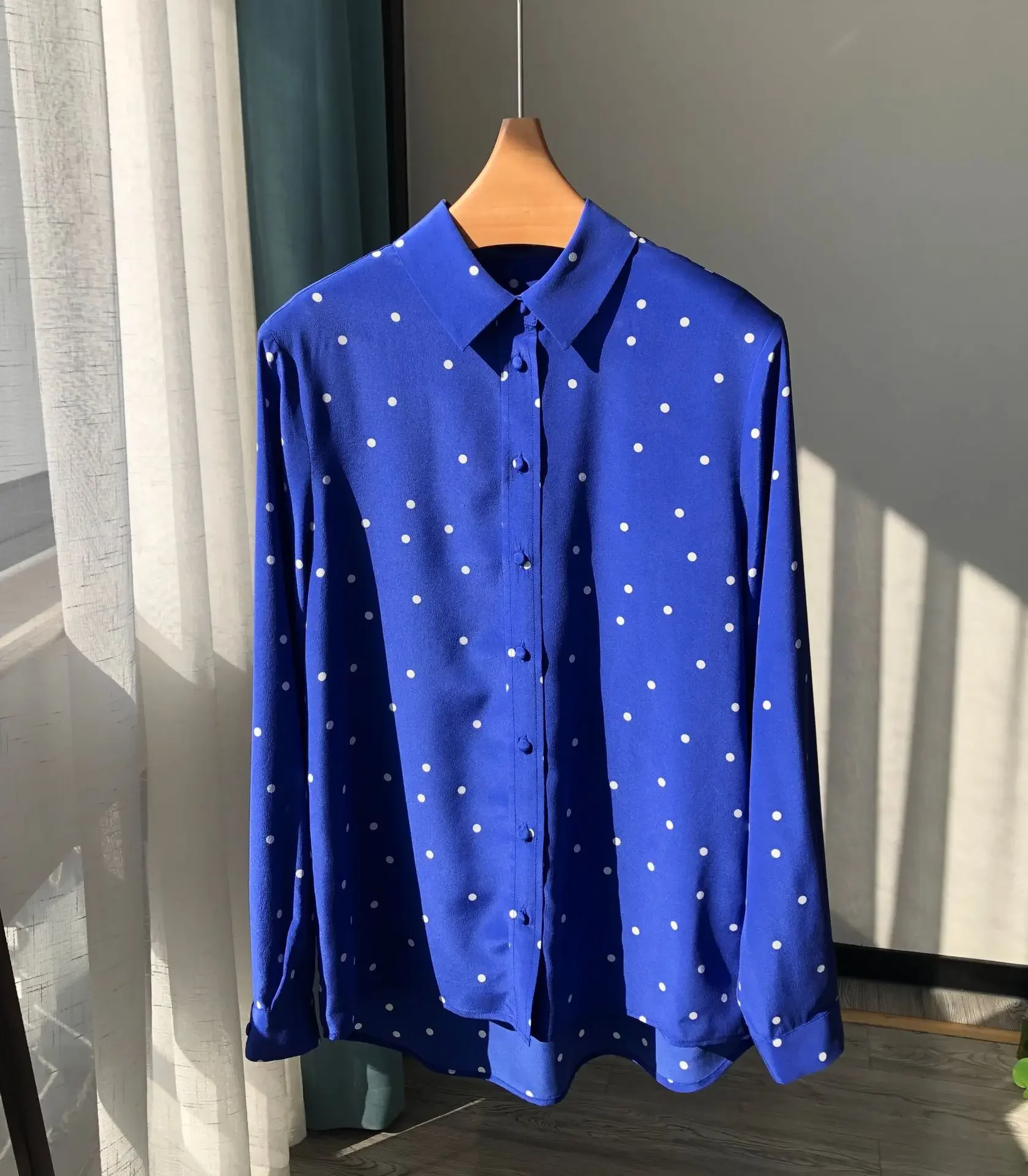 French Retro Sand-Washed 100% Silk Shirt Blue Dots Women Casual Top Elegant Shirts Office Lady Long Sleeve Shirts And Blouses