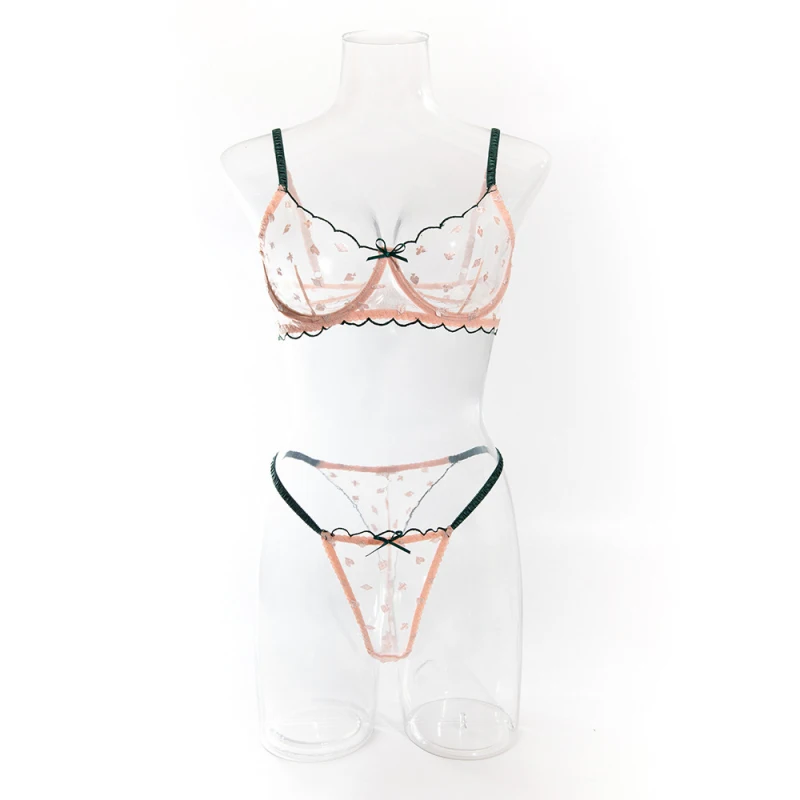 Transparent embroidered bikini lingerie set in a pure and desirable style with fresh, see-through floral patterns