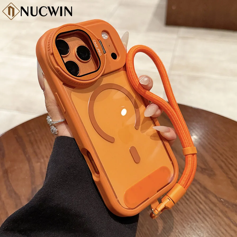 Luxuriöse magnetische Linsenhalterung mit Lanyard-Telefonhülle für iPhone 17 Pro Max 13 14 15 16 Pro Max Plus Air Flip Stand Transparente Abdeckung