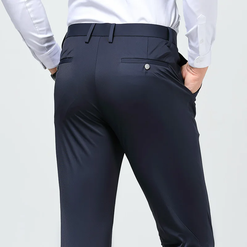 Men Black Navy Grey Solid Color Super Stretchy Simple Casual Business Trendy Suit Trousers Male Summer New Fashion Botton Pants