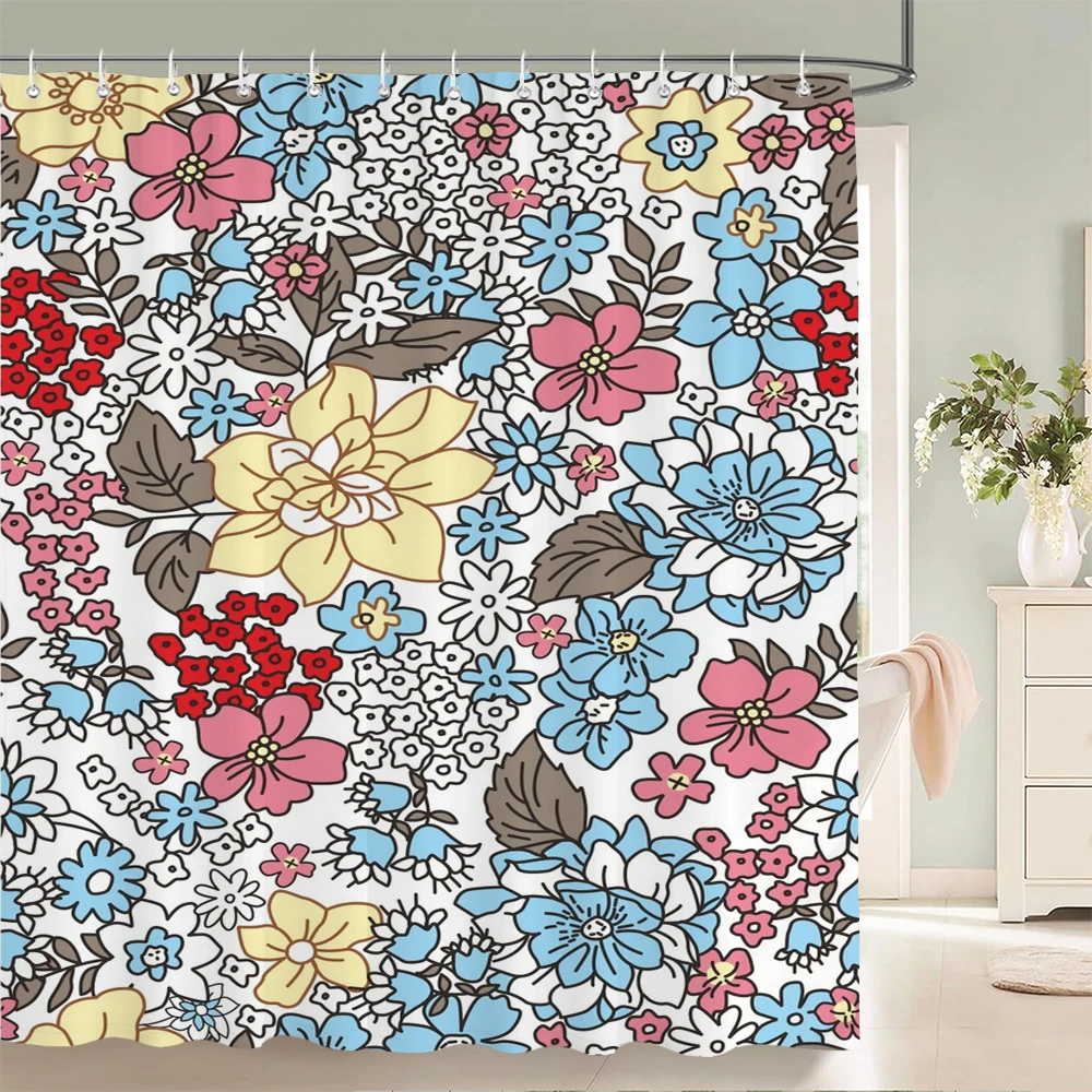 

1 pack of print shower curtain polyester cloth fresh small floral leaf bathroom curtains with hooks Home decoration curtain