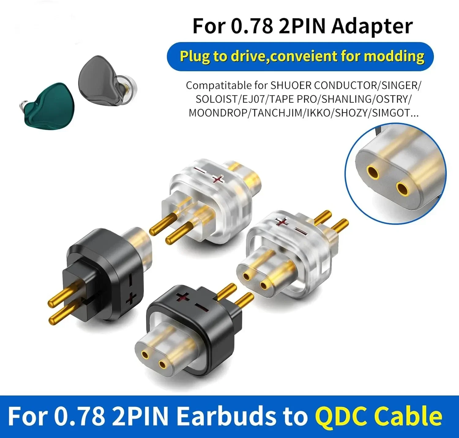 Preffair 2pcs HIFI QDC Female 0.78 2 Pin Male Earphone Adapter to Earphones Earsets for SHUOER CONDUCTOR/SINGER/SOLOIST/EJ07