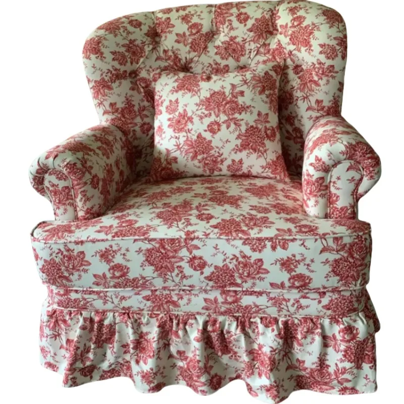 French retro red floral single sofa, American pastoral living room high back chair skirt lace fabric sofa