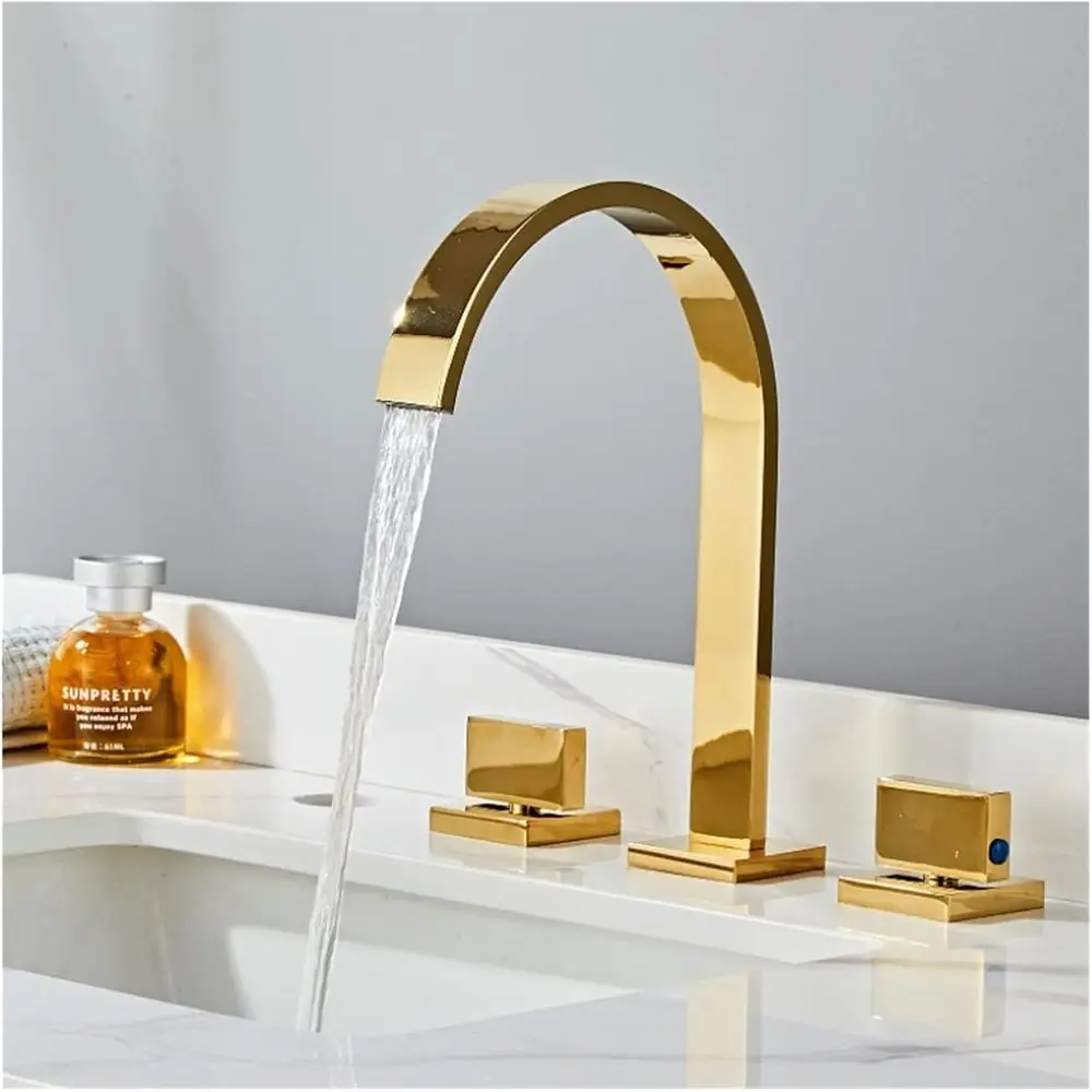 

Basin Faucets Gold Square Bathroom Sink Faucet Widespread 3 Hole Grey Bathroom Basin Mixer Brushed Gold Faucet Black