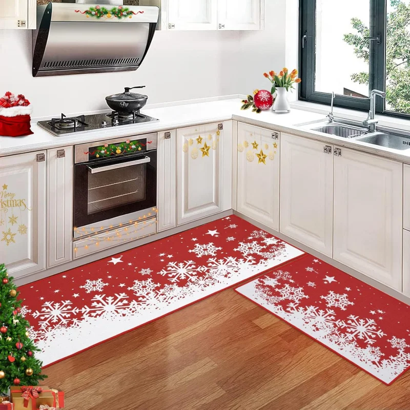 

Happy Christmas Kitchen Decoration Carpet 2-piece Set Winter Vacation Snowflake Anti slip Home Floor Mat 20inX31in 18inX47in