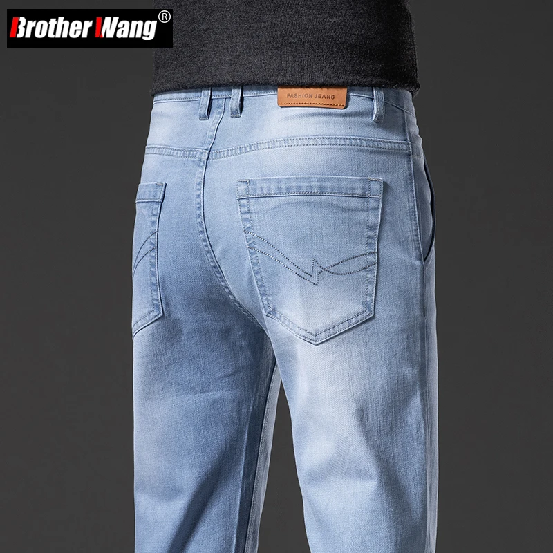 

Anti-theft Zipper Design Men's Light Blue Straight Leg Jeans Autumn Wear-resistant Elastic Fabric Cargo Denim Pants Male