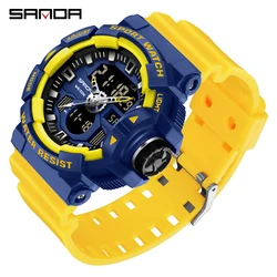 SANDA Men Military Sport Wrist Watch Yellow Blue Quartz Waterproof Watch Dual Display Male Clock Watches Relogio Masculino 3129