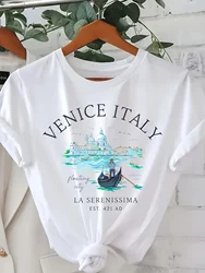 Italy Print T-shirt Short Sleeve Crew Neck Casual Top for Summer & Spring Women's Clothing