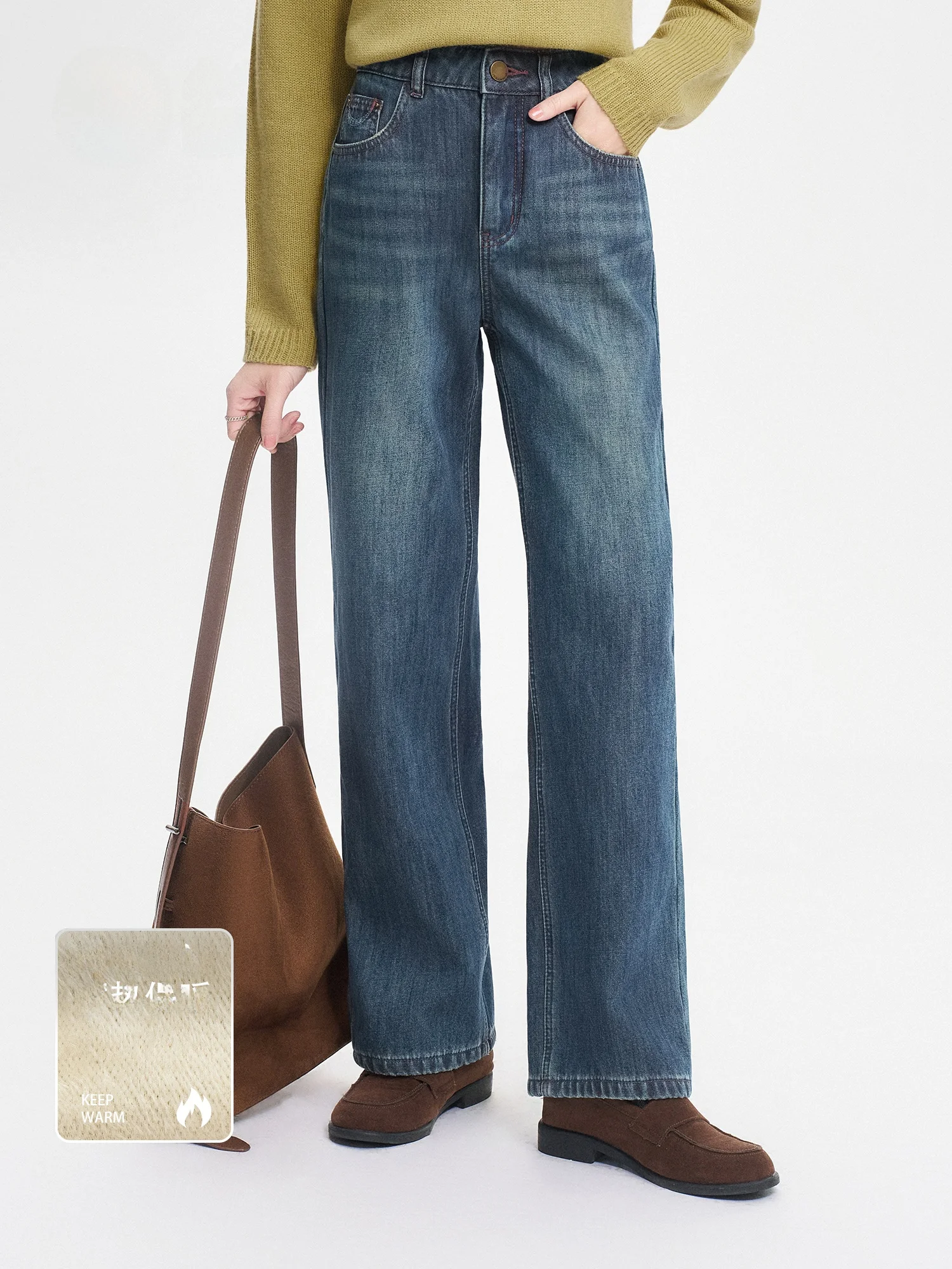 

Темно-синие джинсы из денима на флисовой подкладке с высокой талией, прямые, повседневные, женские зимние хлопковые брюки, высококачественный крой