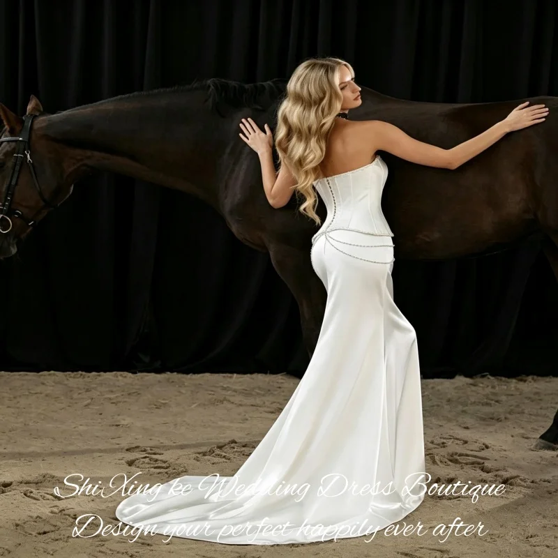 Sleeveless Sweetheart Mermaid Bridal Dress Gloss Satin Basque Waist Chain Bead Decoration Vestidos de Novia Customized