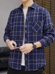 Vintage Plaid Shirt For Men Korean Long Sleeve Trend Loose Fresh Casual Brand Casual  8 Color High Quality Cotton Dropship Shirt