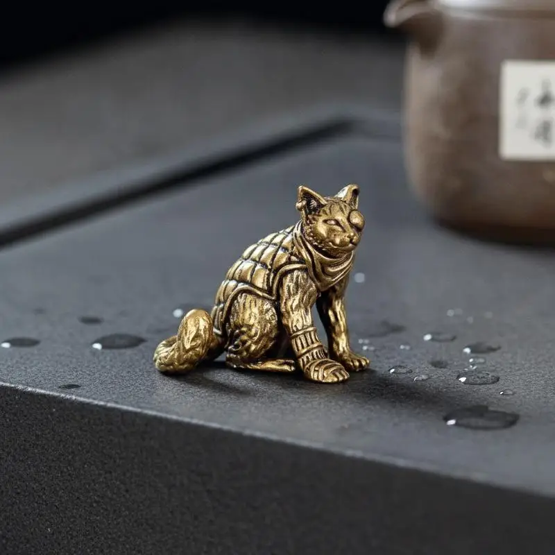 Mini One-Eyed Cat Collectible Figurine Solid Brass Funny Sculpture Cute Ornament for Home Bedroom Entryway Decor
