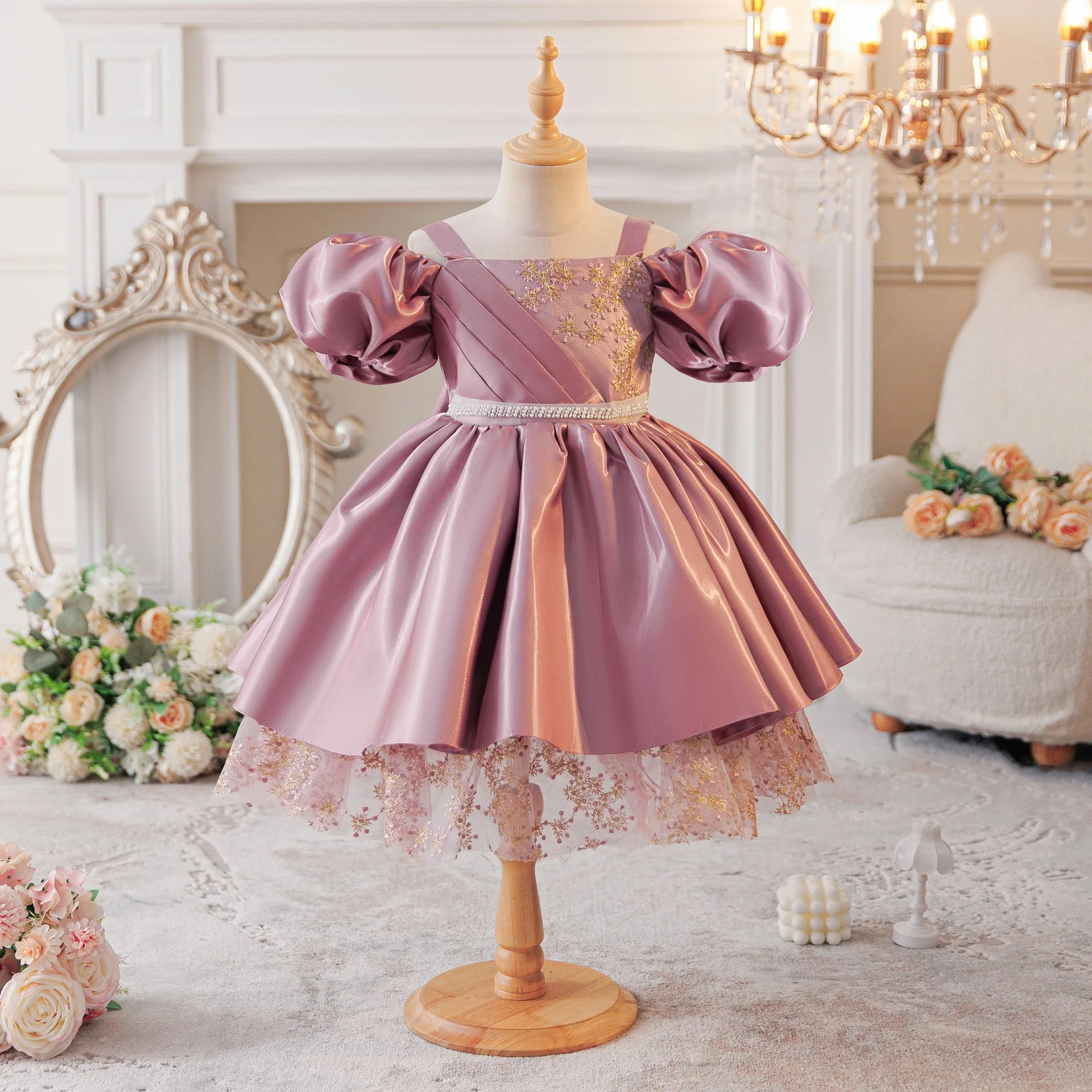 HETISO Embroidery Kids Formal Ball Gown Children's Birthday Wedding Princess Dresses Girls Bridesmaids Prom Wear 2-8 Years