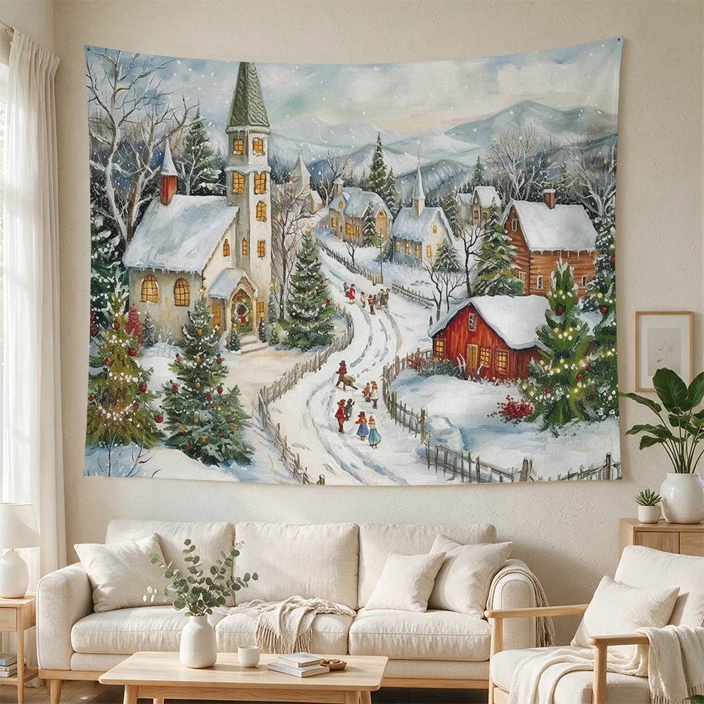 Cozy Winter Village Scene Tapestry Wall Hanging Farmhouse Christmas Decor Rustic Holiday Artwork