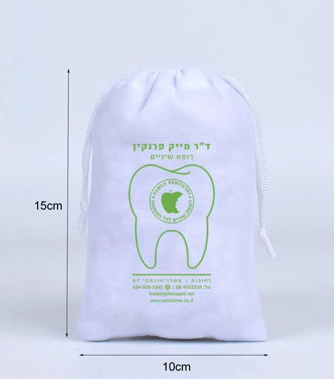 100 Pieces 10x15cm White Velvet Bags Drawstring Gift Pouches For Dental Teeth Packaging Screen Printed Green Color Logo