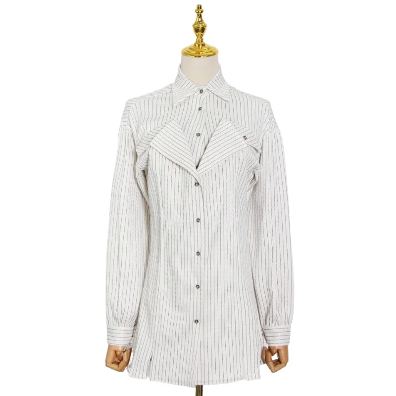 Camisa feminina justa listrada de manga longa, casaco casual, gola de abertura lateral, moda leve, nova, primavera e outono