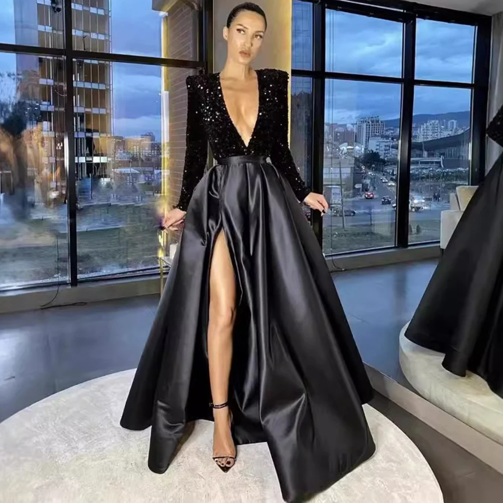 여자의 우아한 저녁 스팽글 드레스 섹시한 깊은 v 넥 새틴 슬림 맞는 민소매 가을 파티 칵테일 Fishtail 웨딩 드레스