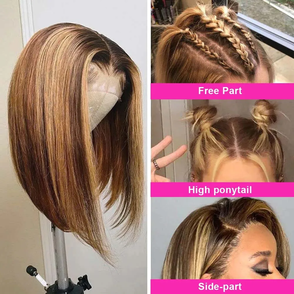 4/27 ハイライトボブウィッグ骨ストレートレースフロントウィッグ人毛オンブルブロンドピアノカラー 13 × 4 レースフロントボブウィッグ人毛