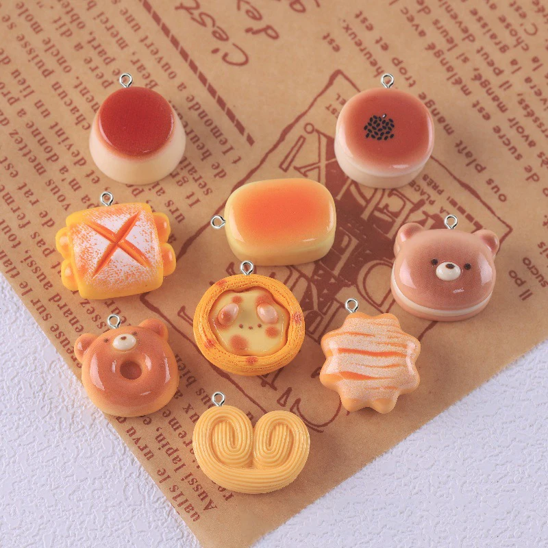 10Pcs Cute Bear Egg Tart Cheese Bread Charms Resin Simulation Food Pendants for Jewelry Make DIY Crafts Keychain Earrings