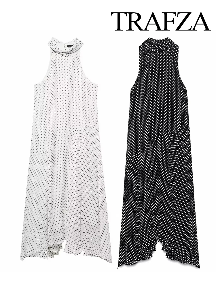 

HH Women's 2025 Summer Sexy Halter Neck Bow Decoration Sleeveless Pleated Dress Female Elegant Polka Dot Casual Long Dress