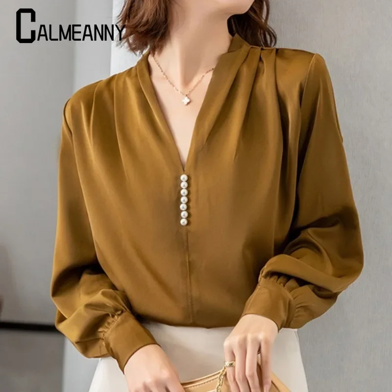 

2024 Autumn New Style Women's Pleated Satin Shirt Casual Korean Edition Fashion Elegant Beaded Solid Color V-neck Sulfur Sleeves